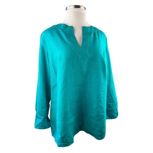 Lauren Ralph Lauren Tops - Lauren Ralph Lauren 100% Linen Top Split Neck Roll Sleeve Shirt Plus Size 1X